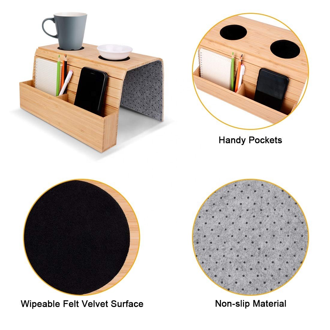 Custom New Foldable Sofa Cup Holder with Box Foldable Bamboo Sofa Couch Arm Storage Tray Table
