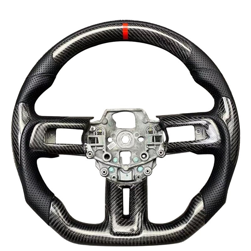 Car interior carbon fiber steering wheel covered with black perforated leather suitable for Ford Mustang after 2015