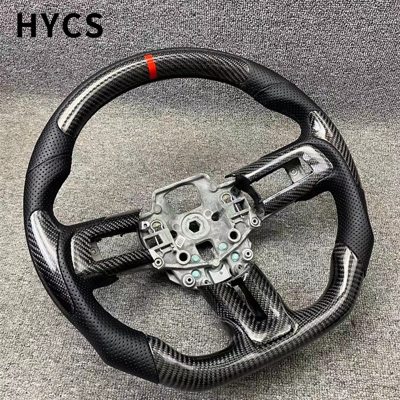 Car interior carbon fiber steering wheel covered with black perforated leather suitable for Ford Mustang after 2015