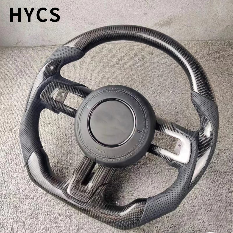 Car interior carbon fiber steering wheel covered with black perforated leather suitable for Ford Mustang after 2015