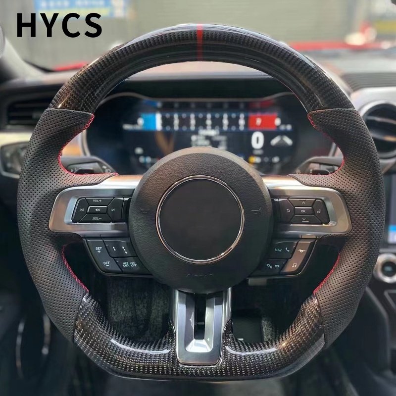 Car interior carbon fiber steering wheel covered with black perforated leather suitable for Ford Mustang after 2015
