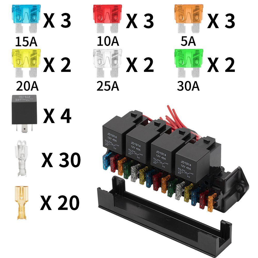 15 Way Fuse Relay Box Waterproof ATC/ATO Fuse Holder 5 Pin Relay Socket Automotive Fuse and Relay Box with Wire for Auto Car