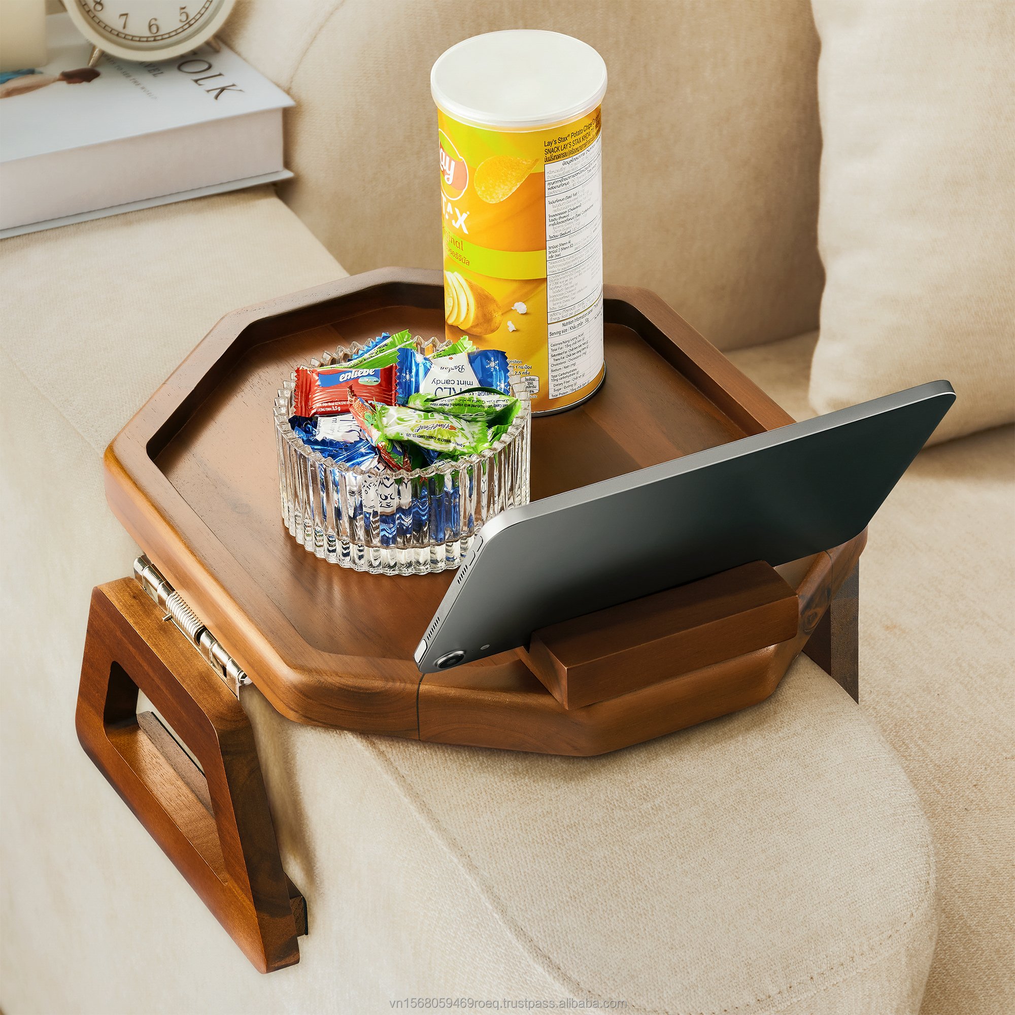 Octagon Sofa Arm Tray with Phone Holder Acacia Wood Organizer Tray Couch Arm Table for TV Remote Coffee Snack Wooden Side Tables