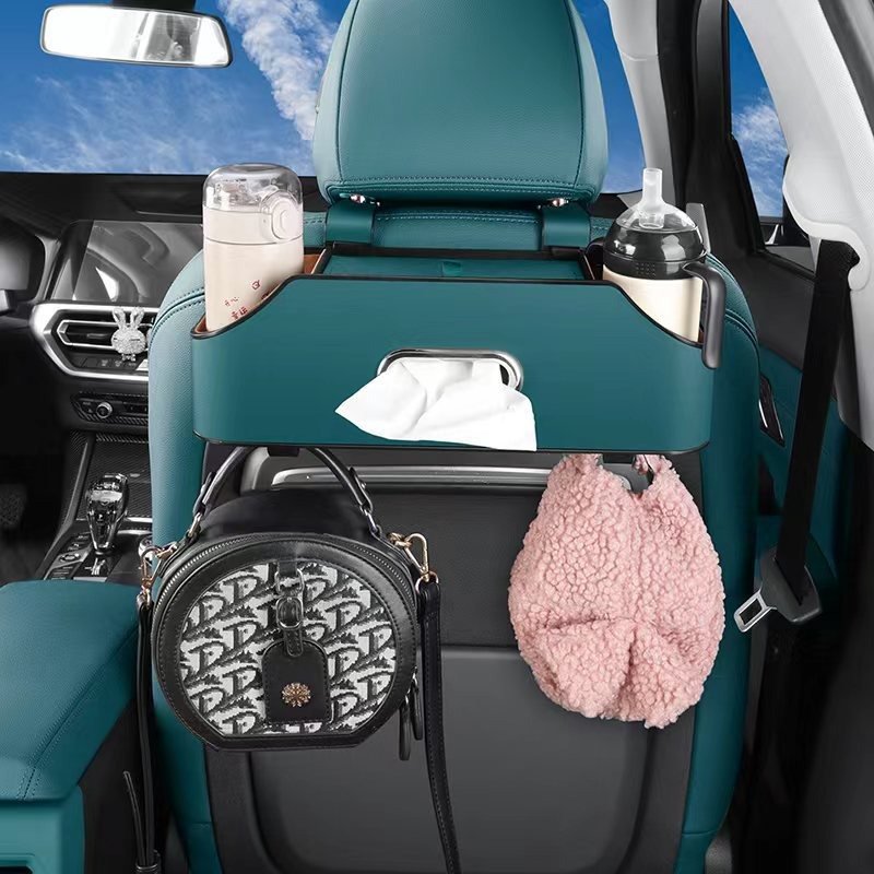 Multi-Functional Car Back Seat Organizer with 2 Drink Cup Holders Tissue Box and Storage Box Hook Made of Leather ABS Material