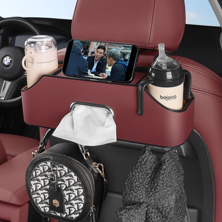 Multi-Functional Car Back Seat Organizer with 2 Drink Cup Holders Tissue Box and Storage Box Hook Made of Leather ABS Material