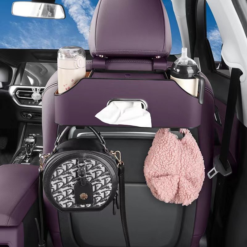 Multi-Functional Car Back Seat Organizer with 2 Drink Cup Holders Tissue Box and Storage Box Hook Made of Leather ABS Material
