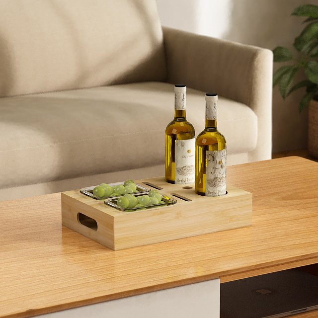 2024 Custom Bamboo Snack Bar Armrest Sofa Bed Caddy Tray Multipurpose Wine Drink Cup Holder Food Storage Box Couch Bar Snackbox