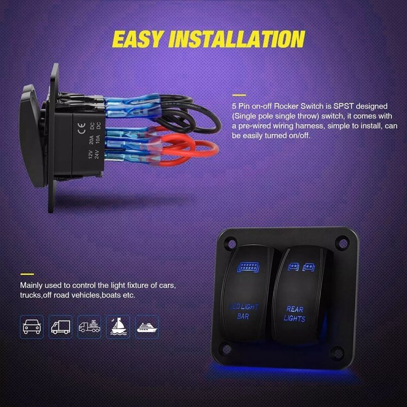 2 Gang Switch Panel Car Styling Waterproof 12V Car Auto Boat Marine Red Led Rocker Switch Panel