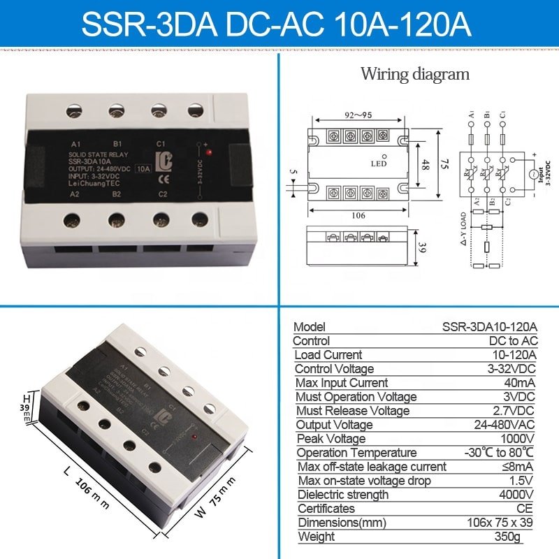 Miniature 40A Three-Phase Solid State Relay SSR 3-32VDC DC 24~480VAC High Power Miniature 40A Three Stage Solid State Epoxy
