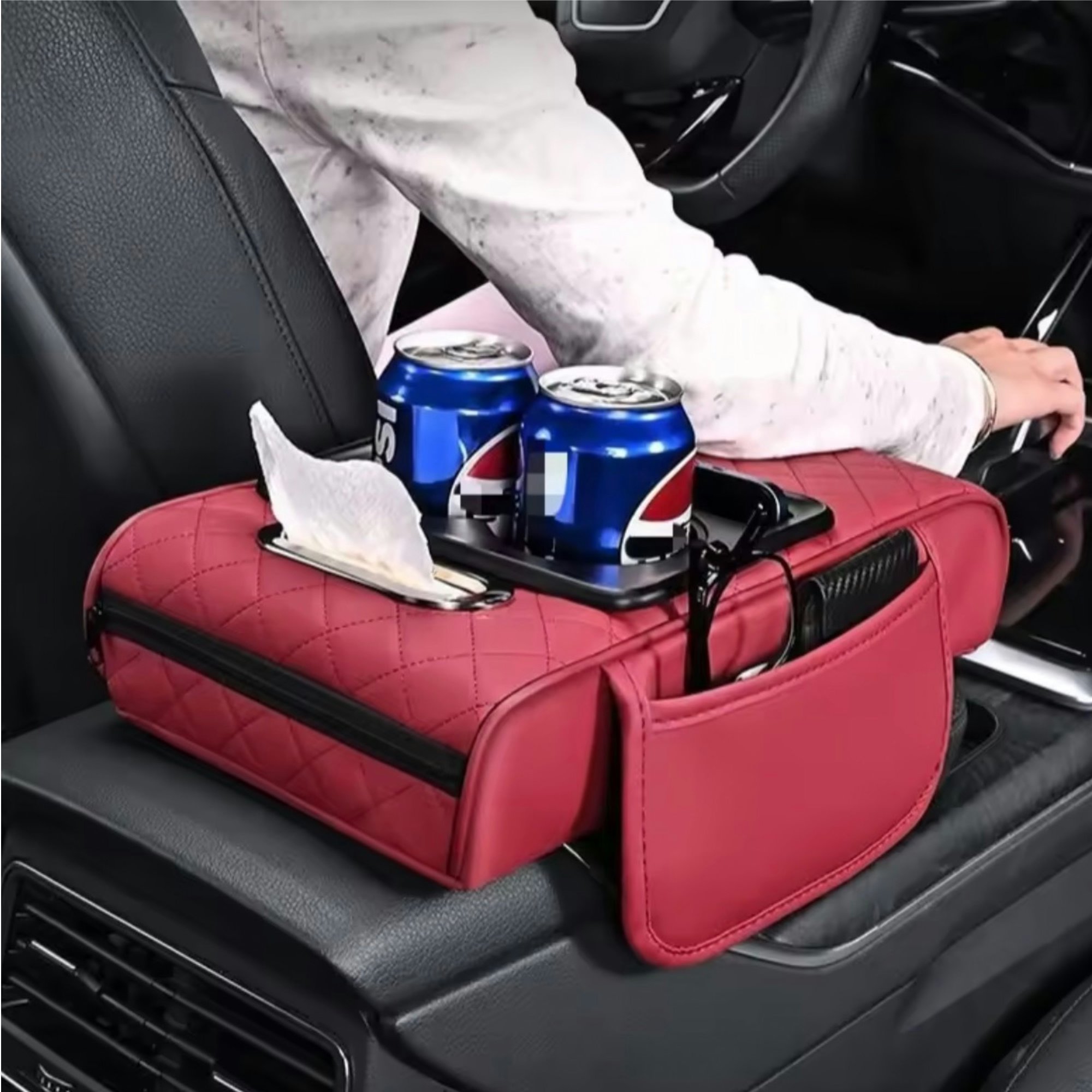 Car Armrest Box 7.5cm Thicken Height Pad Arm Rest Cushion Cover with Pocket Tissue Cup Holder Memory Cotton Elbow Support Height