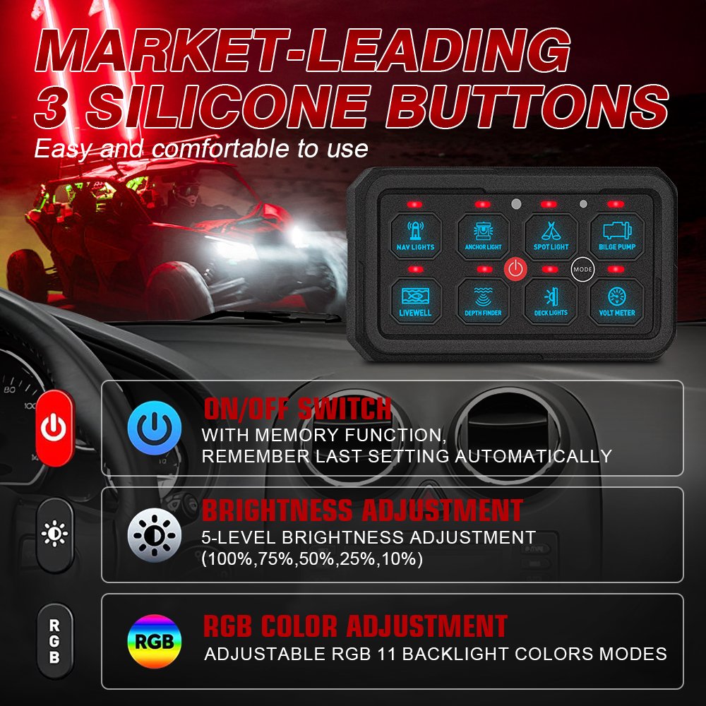Auto Dimming RGB Switch Panel 8 Gang 12V Touch Relay Box for Offroad Trucks RV LED Switch Panel