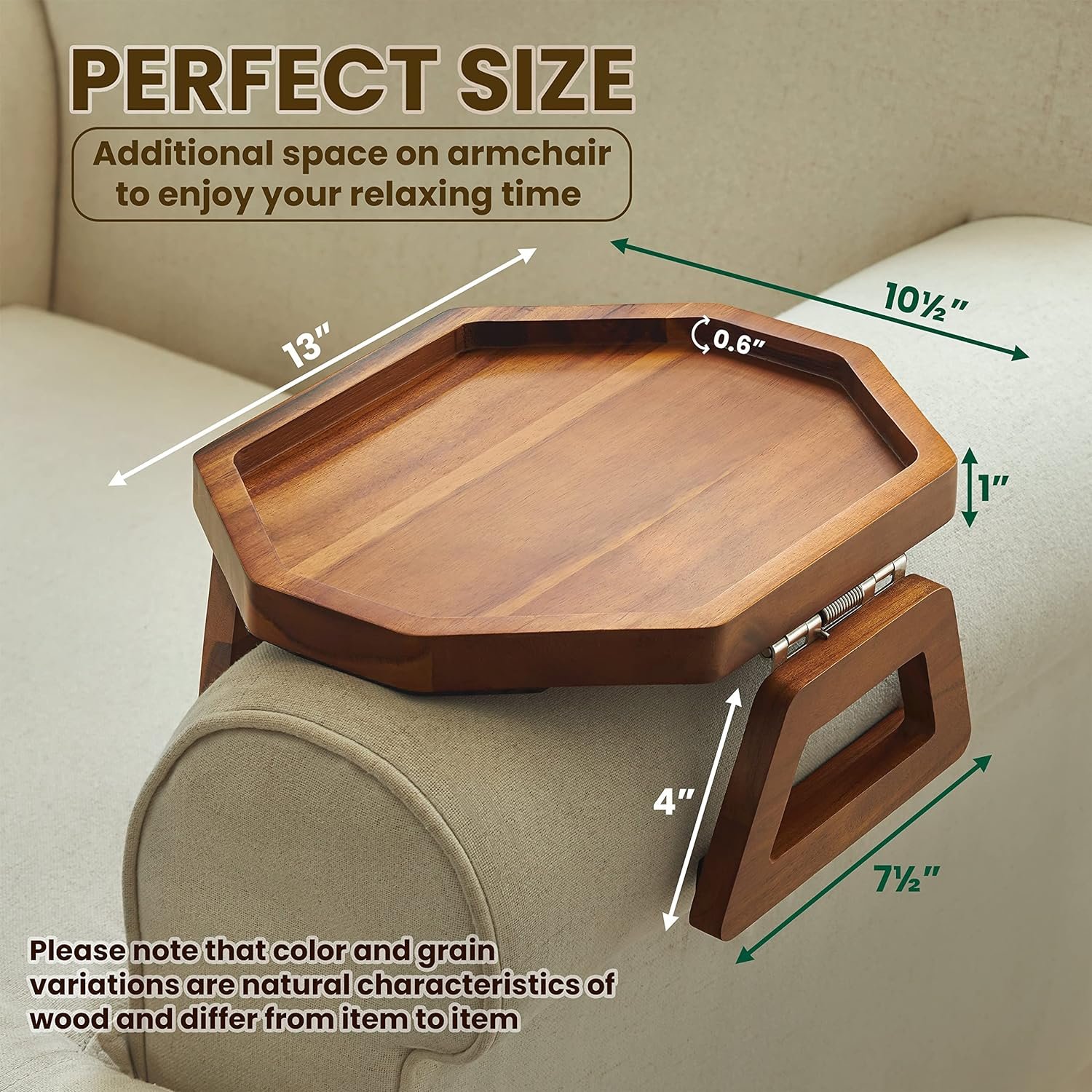 Acacia Wood Sofa Armrest Tray - Sofa Snack Tray Table Clip Octagon Couch Arm Table for Wide Couches