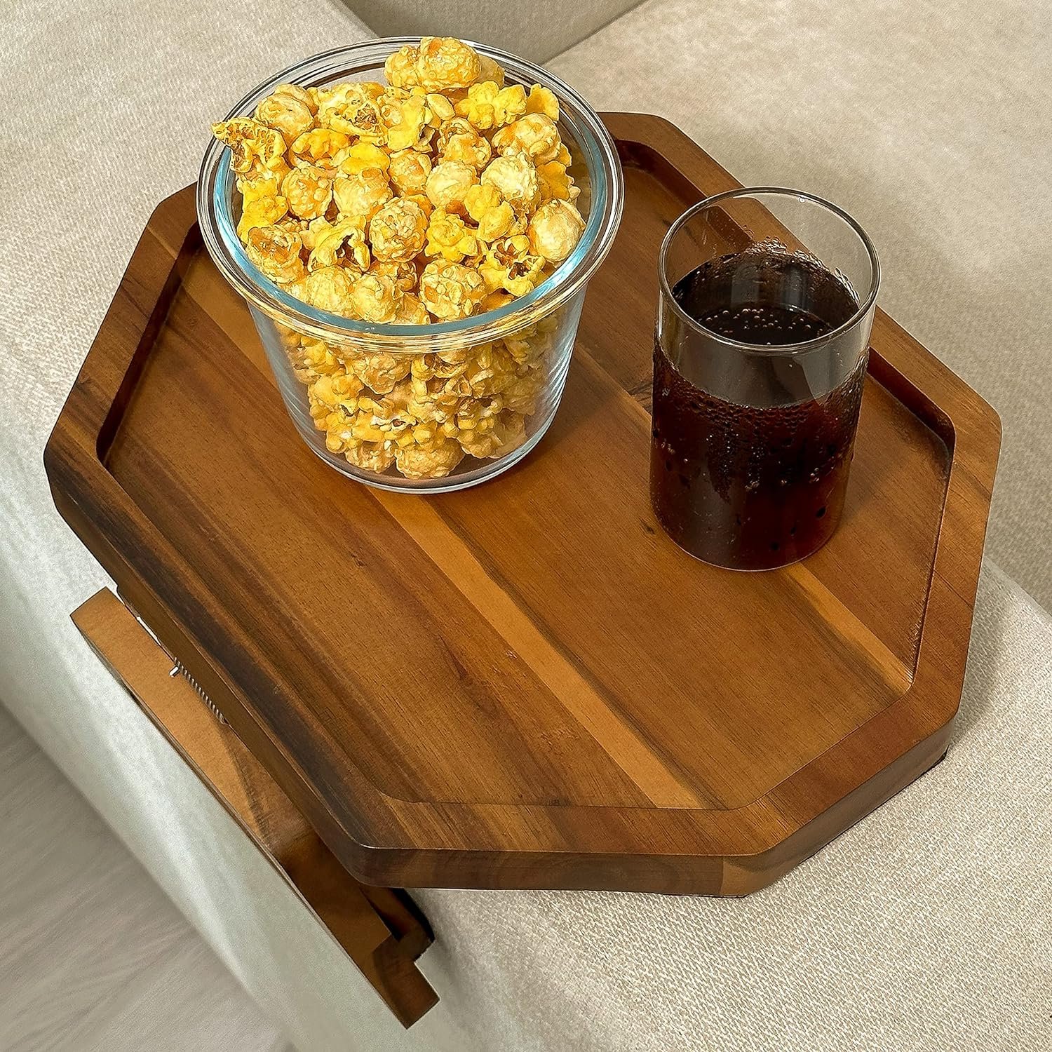 Acacia Wood Sofa Armrest Tray - Sofa Snack Tray Table Clip Octagon Couch Arm Table for Wide Couches