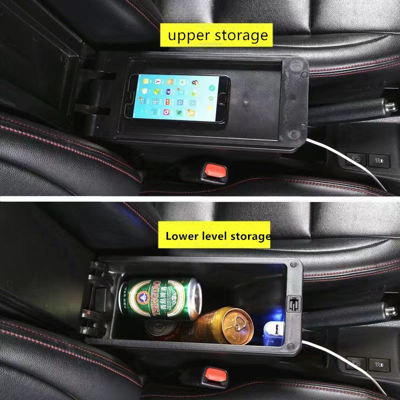 Leather Armrest USB Double Layer Storage Box Car Center Console Modification Accessories for Honda Fit GE8 2009