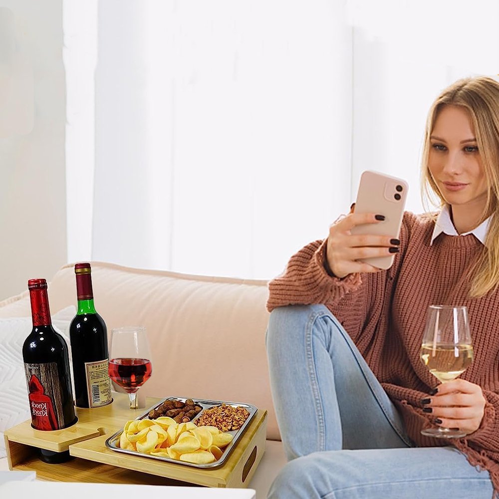 Sofa Armrest Tray Couch Bar Caddy Drink Snack Wine Holder Bamboo Cup Holder Couchbar for Couch Sofa and Bed