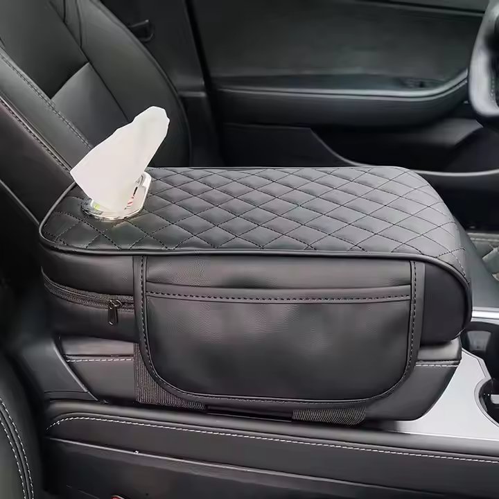 Car Armrest Pad with Central Elbow Support and Multi-functional Storage Unit for Tissue Box and Built-in Mobile Phone