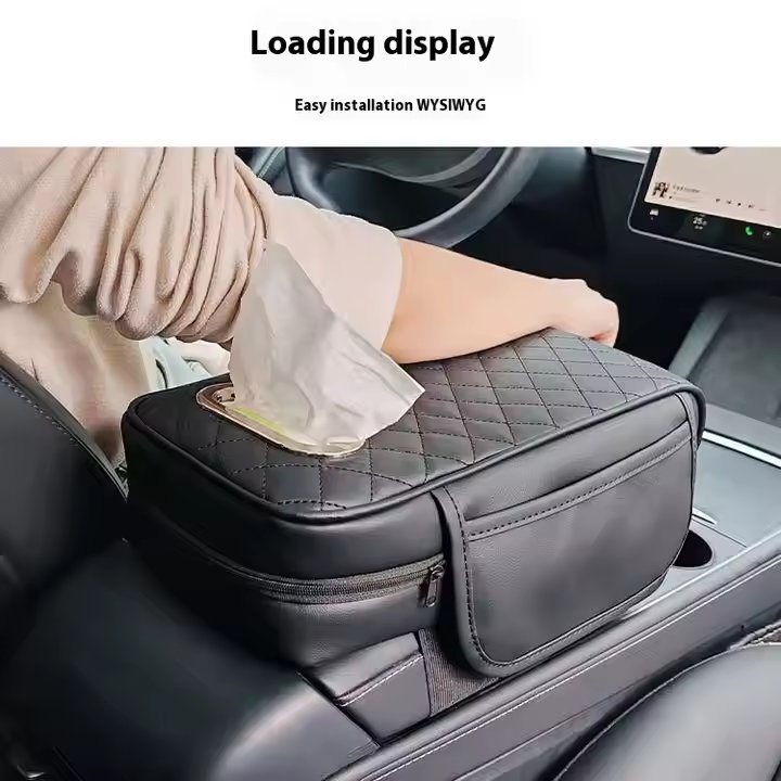 Car Armrest Pad with Central Elbow Support and Multi-functional Storage Unit for Tissue Box and Built-in Mobile Phone