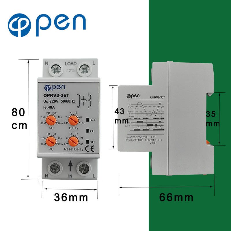 Open Electric Adjustable Voltage Relay 63a 220v Automatic Reset Over Voltage and Under Voltage Protector Relay
