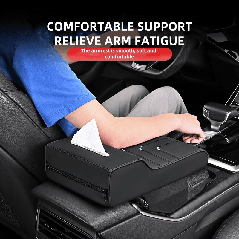 High Memory Cotton Car Armrest Pad Tissue Box in Front Position Storage Cup Holder Added