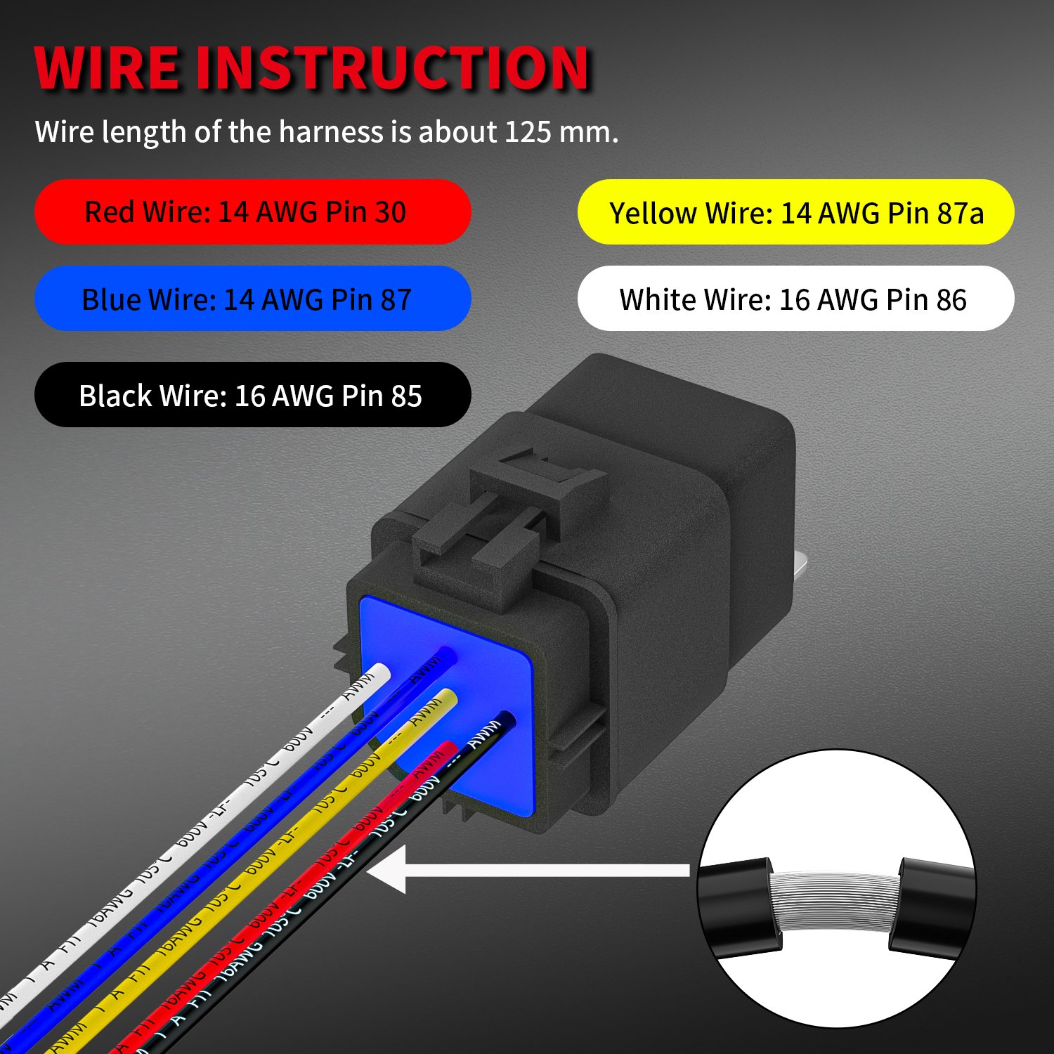 JD1914 12V 40A 5Pin SPDT Relay Heavy Duty Waterproof Automotive Relay and Harness Set with 14AWG Tinned Copper Wires
