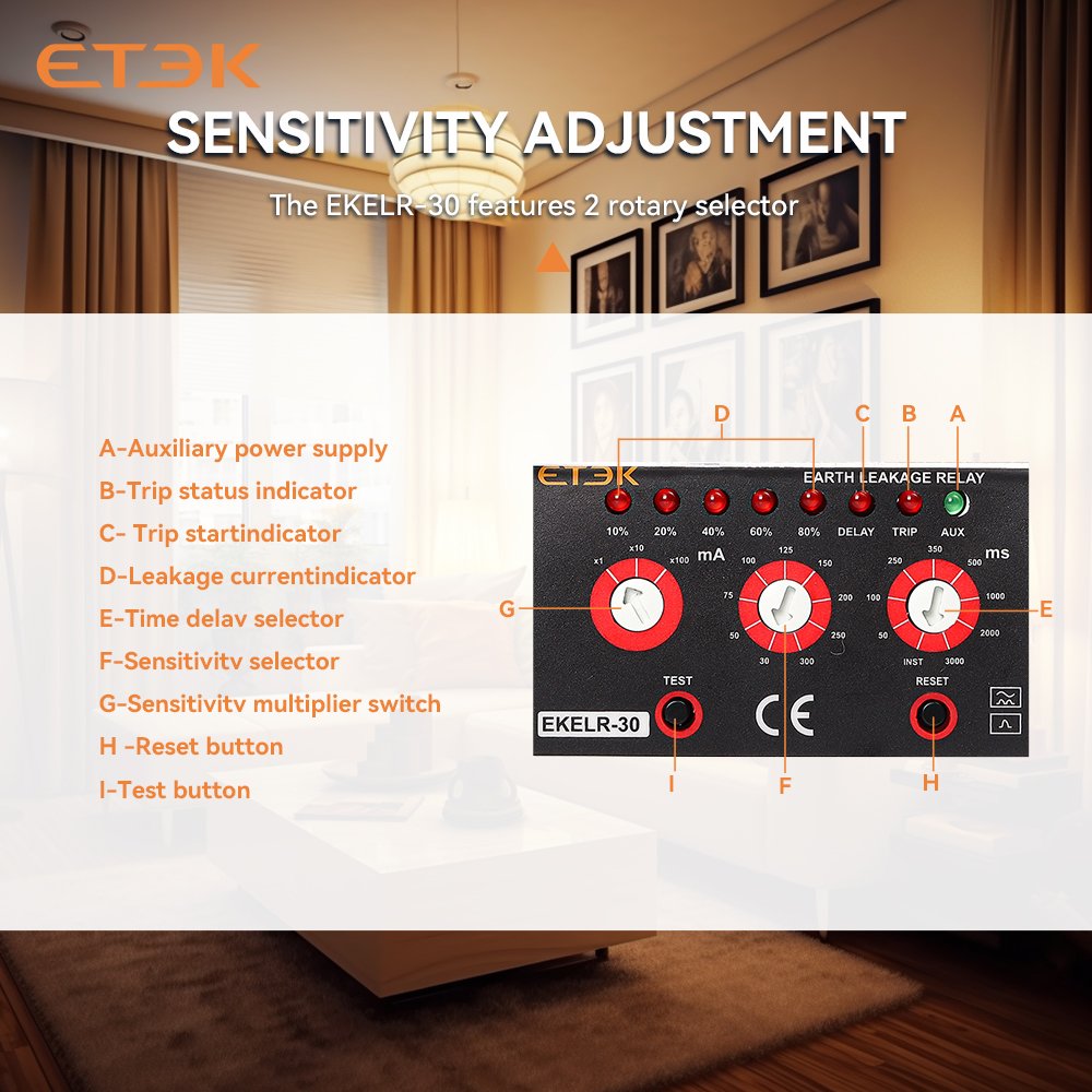 ETEK EKELR-30 110/230VAC Type a Leakage Detection 30mA-30A, Earth Leakage Monitoring Relay (ELR) with Adjustable Trip Level