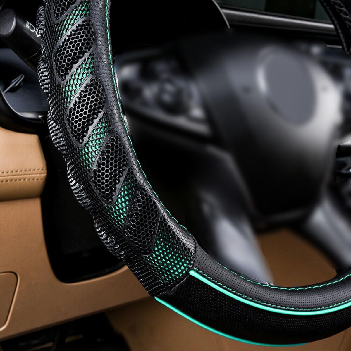Marcan car Steering Wheel Cover Faux Leather Massage Universal fit Anti Slip Sporty 15 Inches (Mint Green Black)