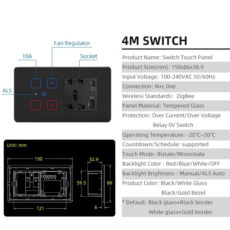 Tuya App Smart Life Zigbee Light Fan Wall Outlet Combo Switch Glass Power Failure Memory Timer Function India Standard 240v Home