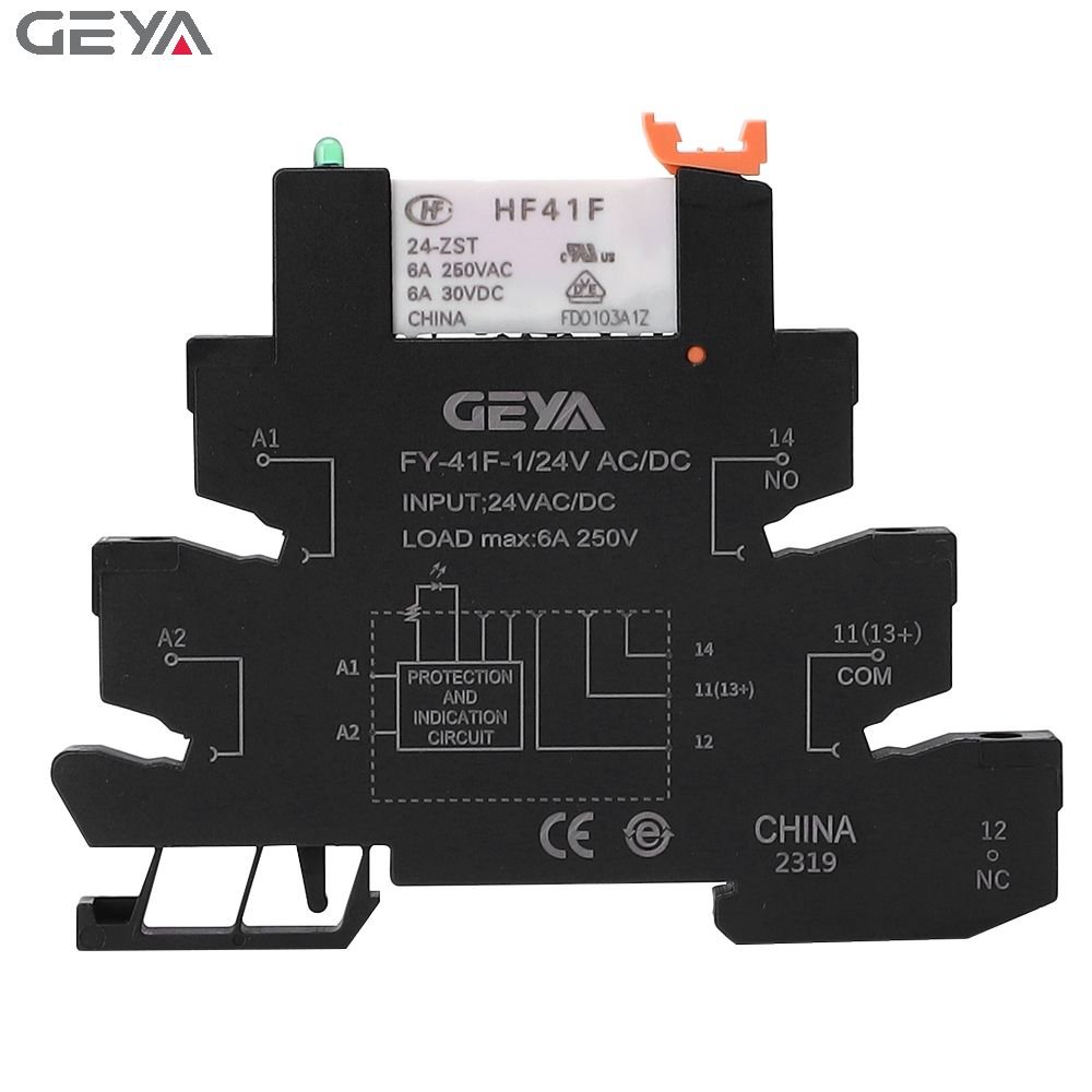 GEYA FY-41F-1 Din Rail Slim Relay Module Switch 6.22mm Thickness PLC Electromagnetic Relay AC/DC12V 1Channel Relay Module 6A