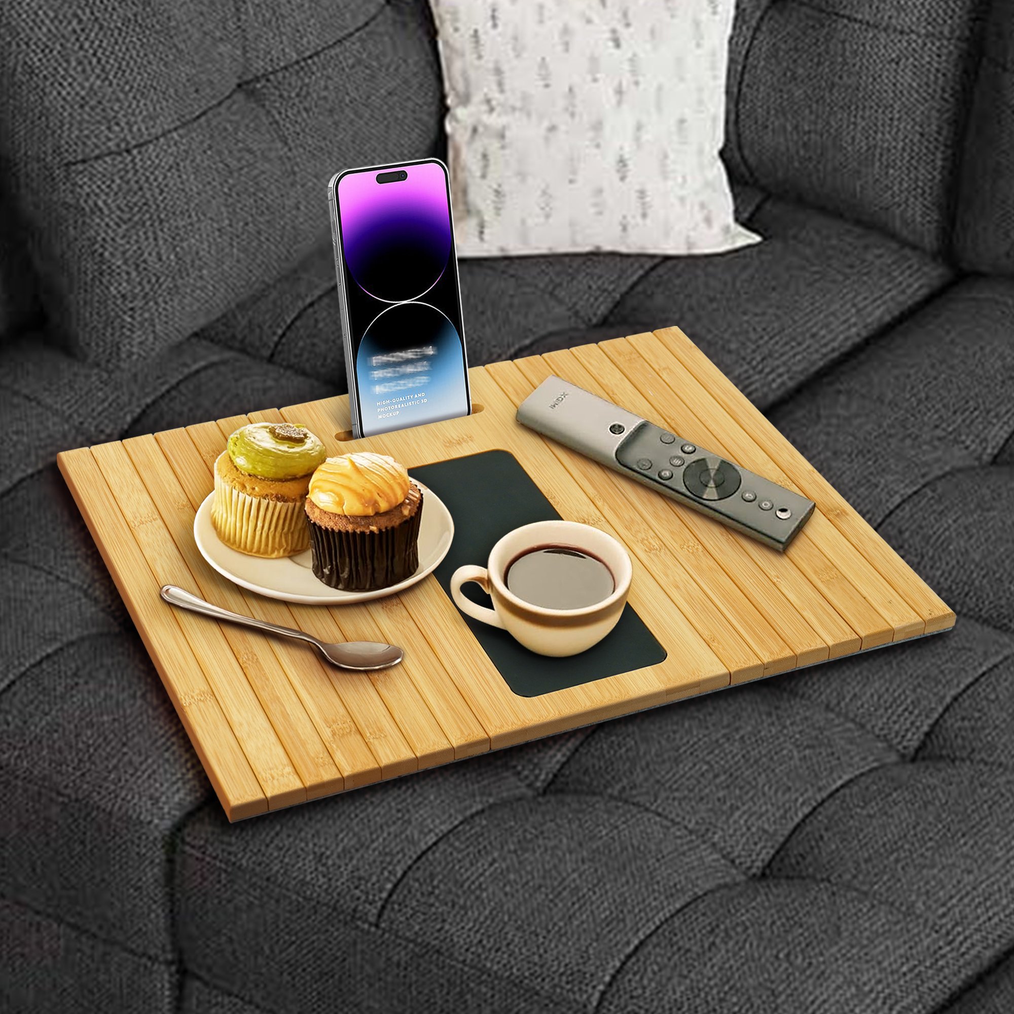 Bamboo Sofa Tray Table Clip on Side Table Foldable Couch Arm Tray with Phone Holder