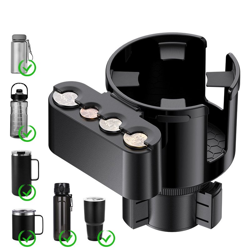 Car Multifunctional Water Cup Holder Large Car Center Console Cup Holder Water Bottle Holder Car Money Box Black ABS Universal
