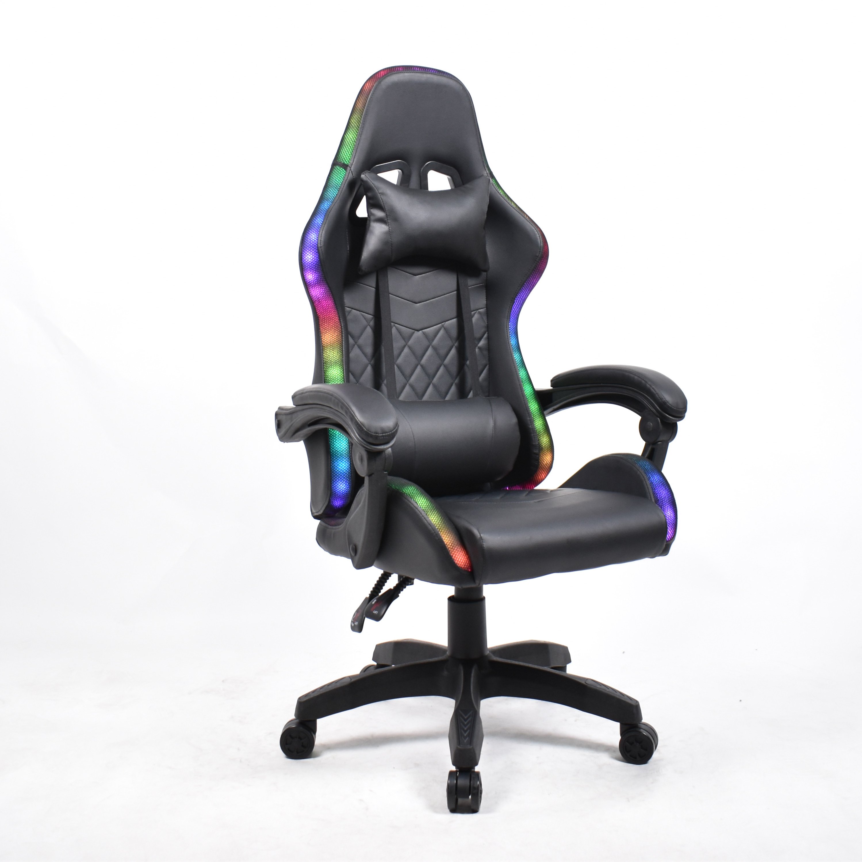 Racing Black Leather Ergonomic Computer Chair High Back Adult RGB Gaming Chair With LED Lights