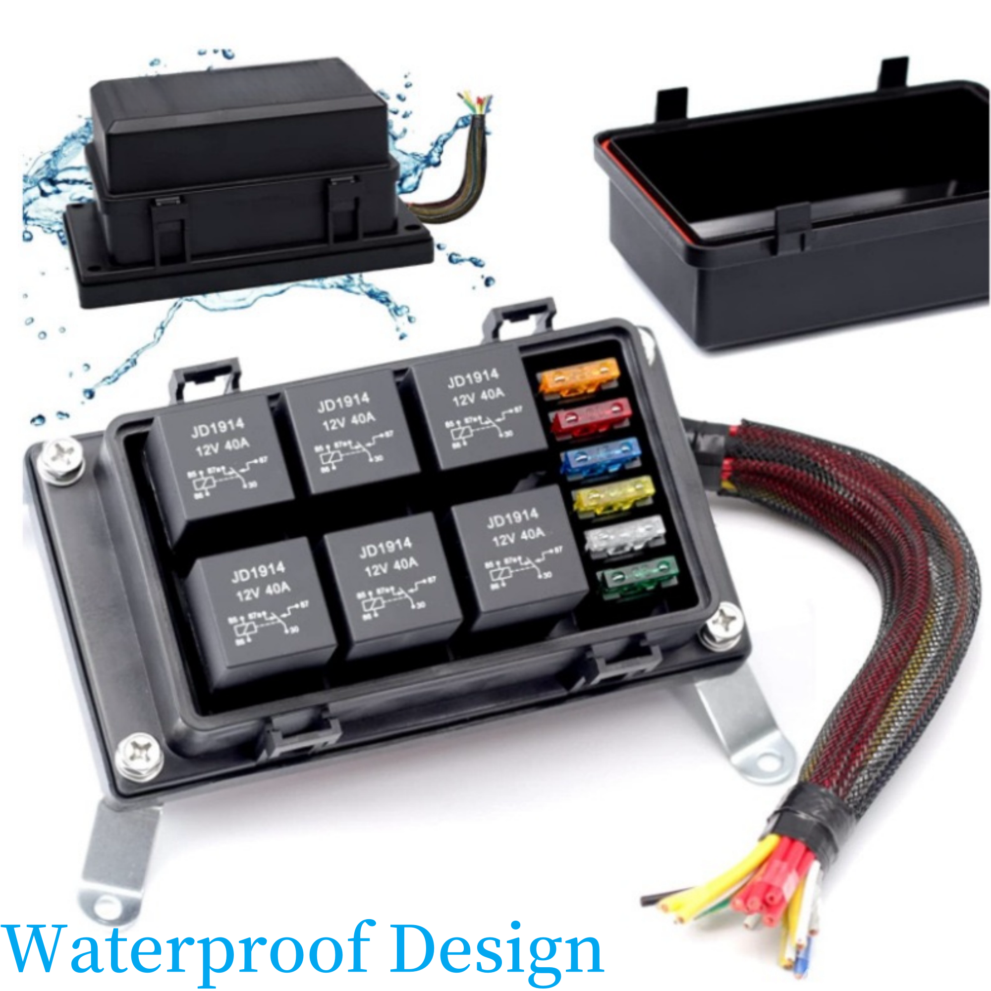 6 Way Fuse and Relay Box with Wiring Harness Waterproof 5 Pin 12V 40A/60A Automotive Car Marine ATO/ATC Auto Fuse Holder Block