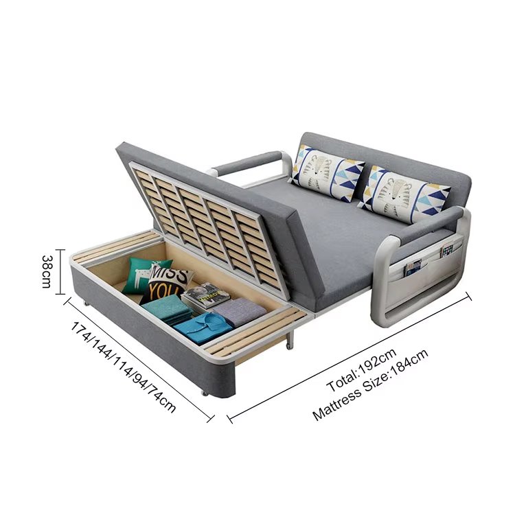Modern Luxury Fabric Foldable Sofa Cum Bed Metal Frame Multi-Function Folding Sofa Bed With Storage Box and Armrest