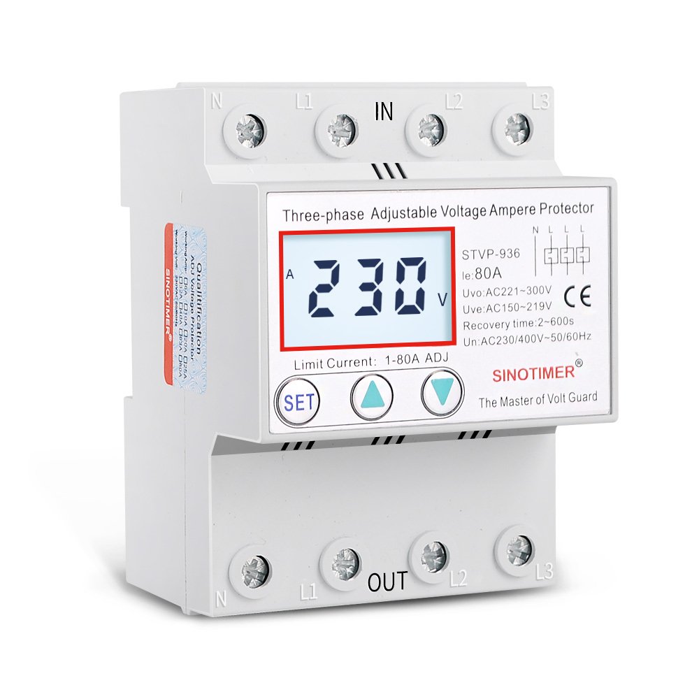 Three Phase 4 Wires 380V 50A 63A 80A Adjustable Voltage Ampere Protector Self Recovery Auto Reconnect Voltage Protection Relay