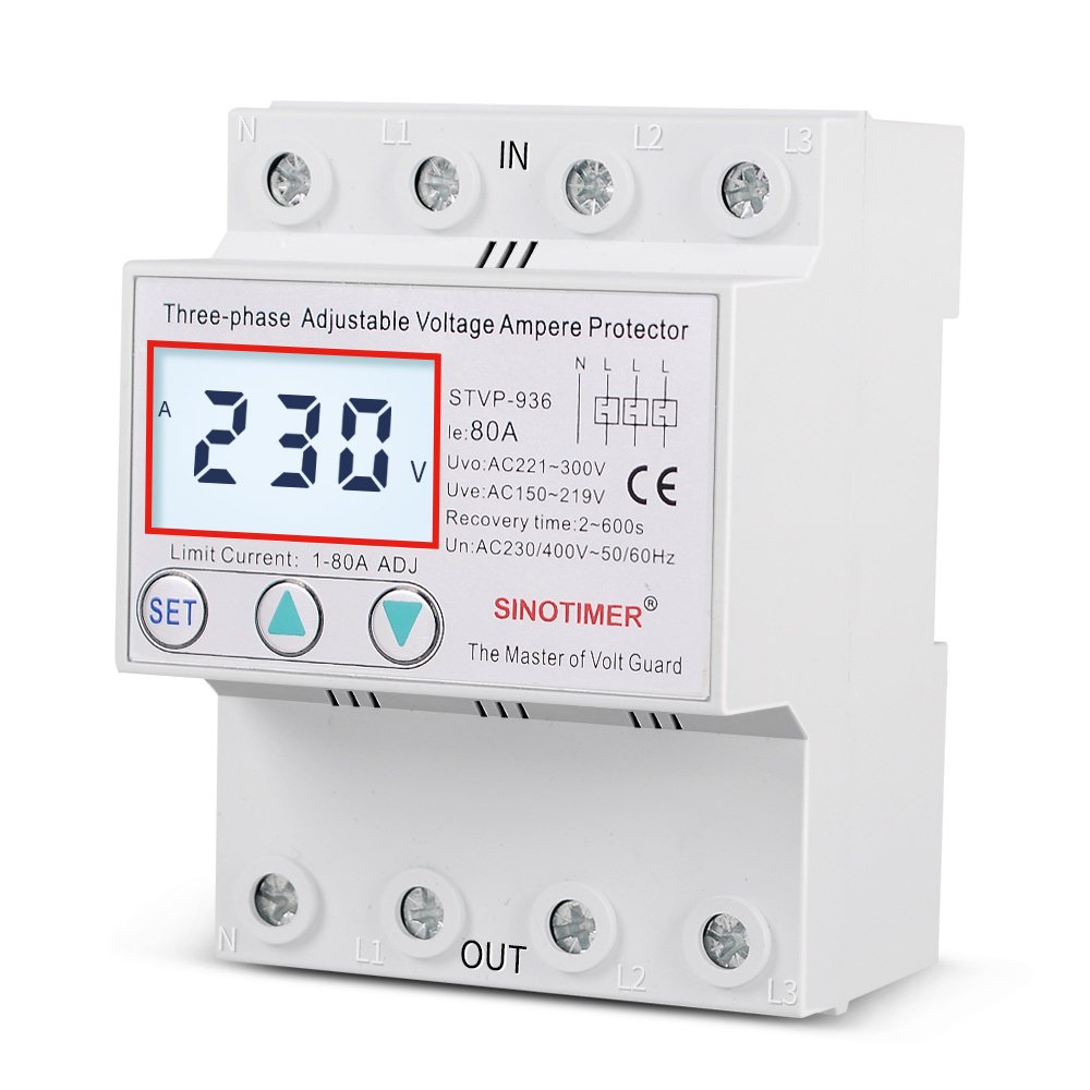 Three Phase 4 Wires 380V 50A 63A 80A Adjustable Voltage Ampere Protector Self Recovery Auto Reconnect Voltage Protection Relay