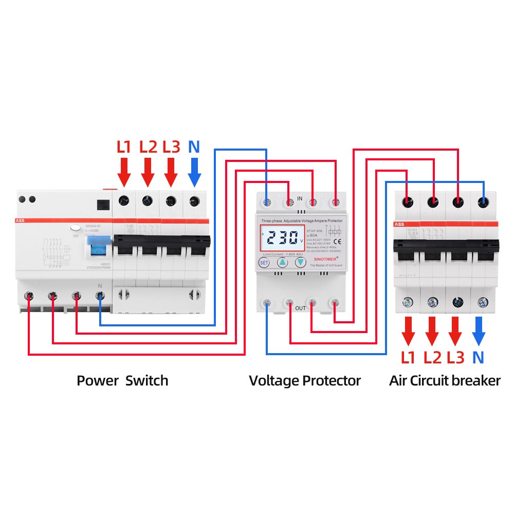 Three Phase 4 Wires 380V 50A 63A 80A Adjustable Voltage Ampere Protector Self Recovery Auto Reconnect Voltage Protection Relay