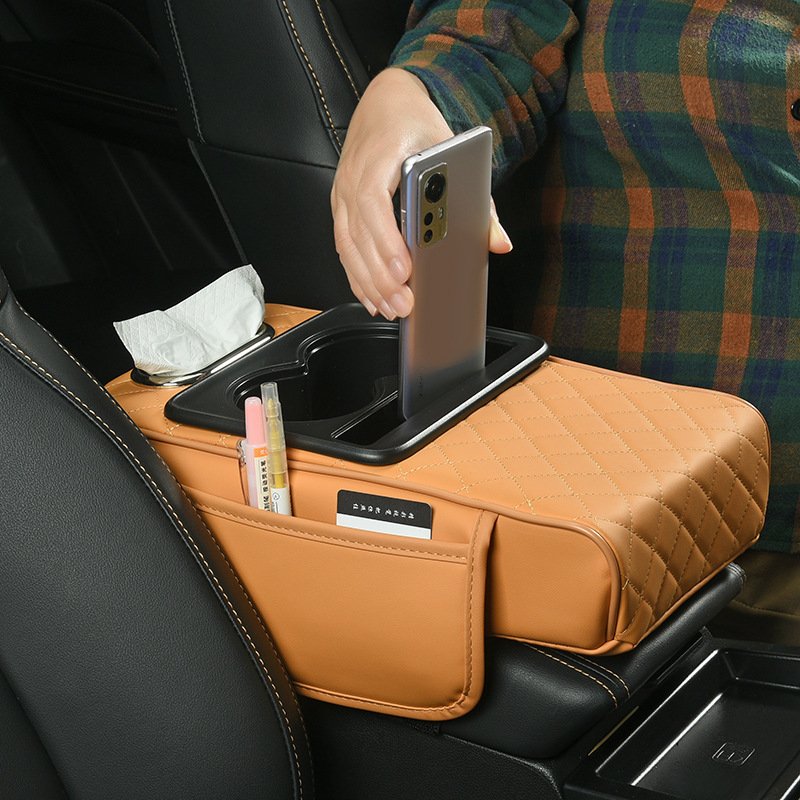 Extender Cushion Protector Car Center Console Tissue Storage Box Phone Mount Card Purse Organizer Cup Holder Leather Armrest Box