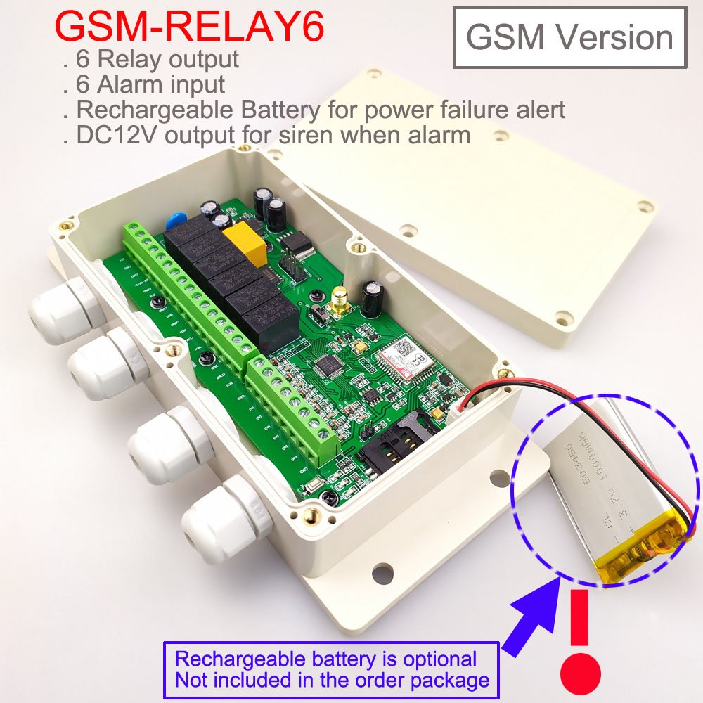 GSM-RELAY6 GSM Remote Controller 6 RELAY Output 6 Alarm Input Battery Support Power Failure Alert