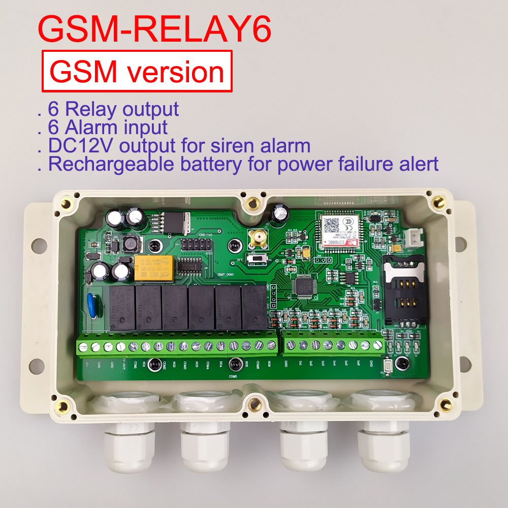 GSM-RELAY6 GSM Remote Controller 6 RELAY Output 6 Alarm Input Battery Support Power Failure Alert
