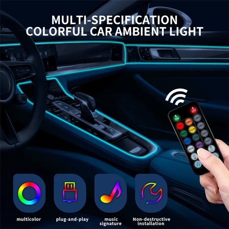 Multi-colors Car Interior Decoration LED Fiber Optic Lights Remote Control USB Cold Light Music Rhythm Ambient Lighting