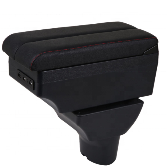 India Full Black Color Pu Leather 7 USB Design Slide and Double Layers Carbon Color Car Armrest Box for Hyudai I20