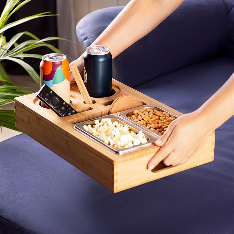Bamboo Couch Cup Holder Tray,Solid Wood Couch Tray Organizer with Drink Cup Holder,Sofa Armrest Tray
