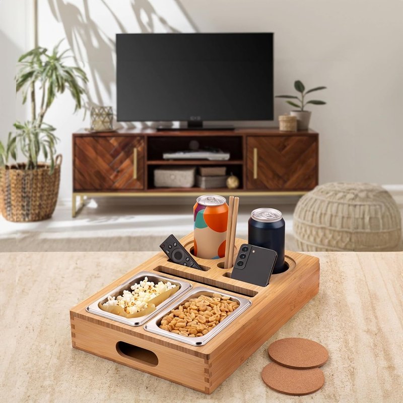 Bamboo Couch Cup Holder Tray,Solid Wood Couch Tray Organizer with Drink Cup Holder,Sofa Armrest Tray