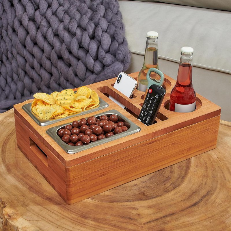 Bamboo Couch Cup Holder Tray,Solid Wood Couch Tray Organizer with Drink Cup Holder,Sofa Armrest Tray