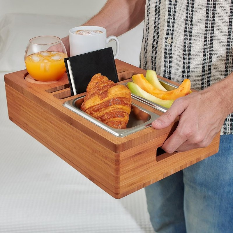 Bamboo Couch Cup Holder Tray,Solid Wood Couch Tray Organizer with Drink Cup Holder,Sofa Armrest Tray