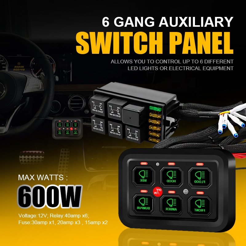 Universal Car LED Light 6 Gang Switch Panel on OFF Fused Control Power System Electronic Relay System for Jeep Wrangler UTV