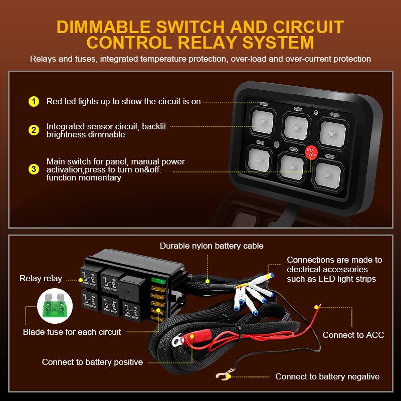 Universal Car LED Light 6 Gang Switch Panel on OFF Fused Control Power System Electronic Relay System for Jeep Wrangler UTV