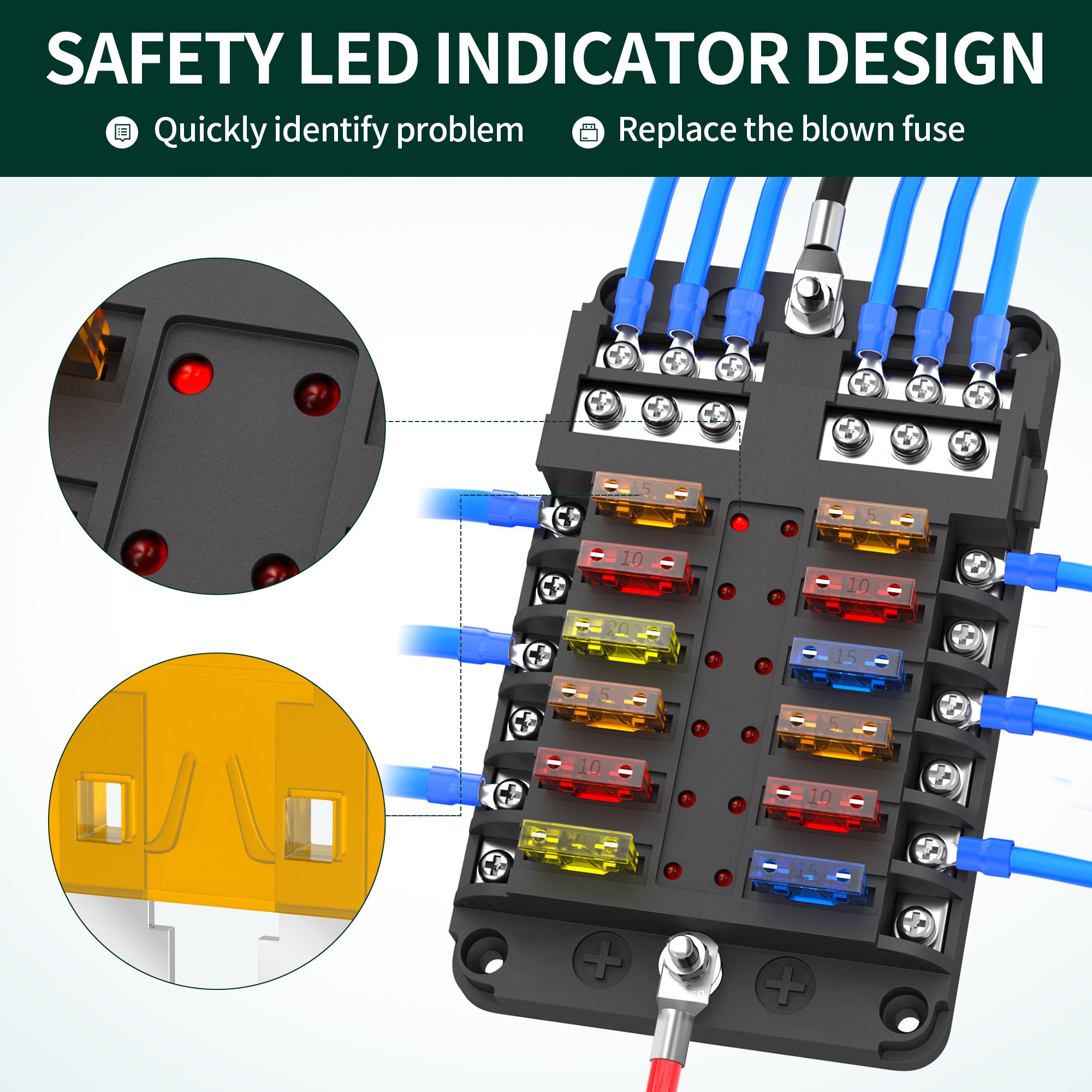 12 Position Fuse Holder Waterproof 12 Way Auto Electrical Fuse Box With Light for Car Boat Automotive