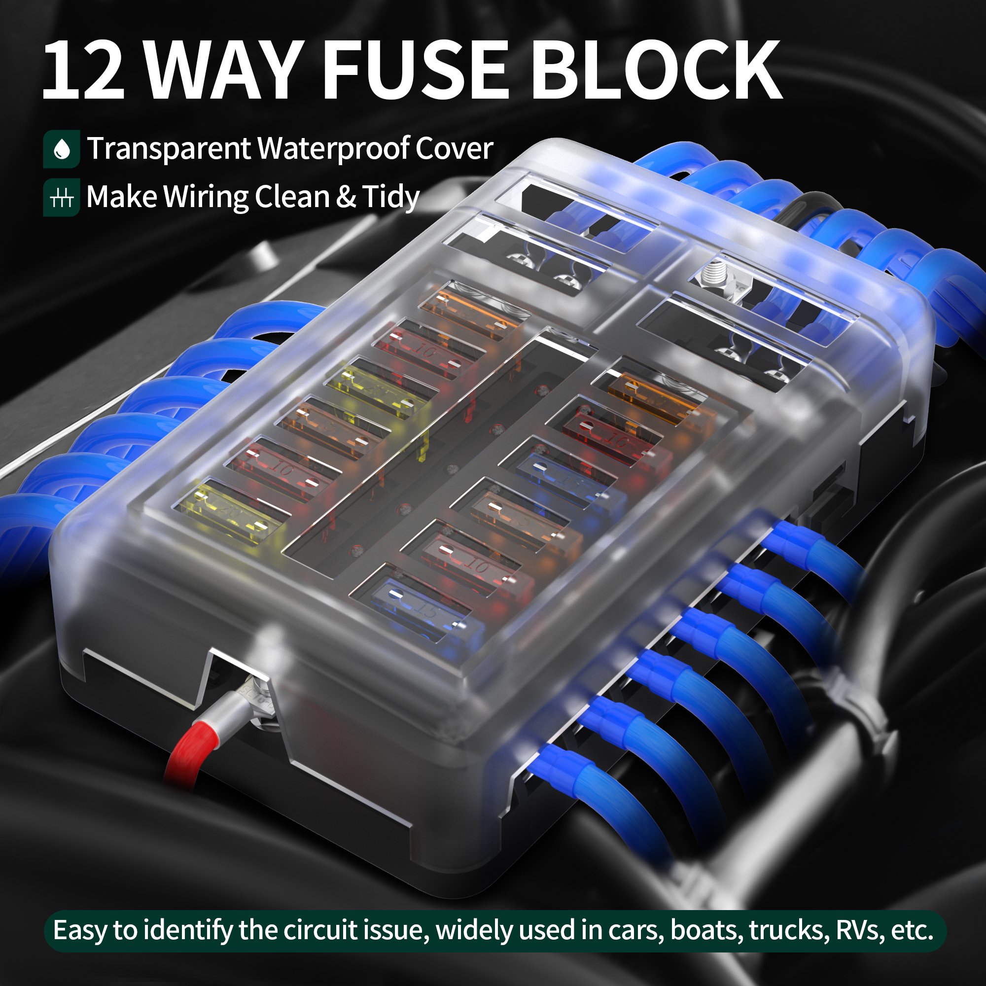 12 Position Fuse Holder Waterproof 12 Way Auto Electrical Fuse Box With Light for Car Boat Automotive