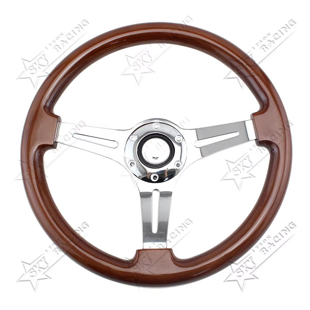 Universal 350mm Vintage Classic Wooden Nostalgia Luxury Silver Chrome 3 Spokes,14 Inch Real Wood Car Steering Wheel